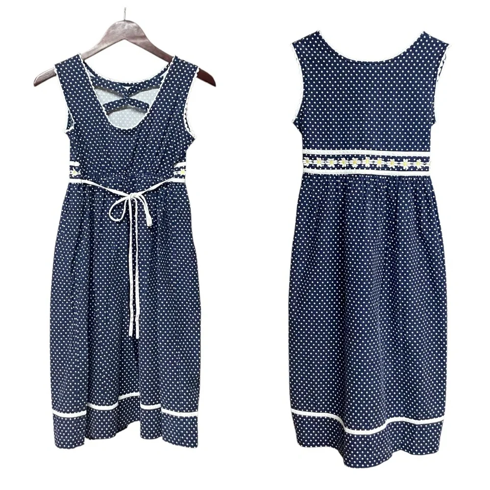 Vintage 90s Rare Editions Dress Girls Size 14 Polka Dot Daisy Appliqué Dress